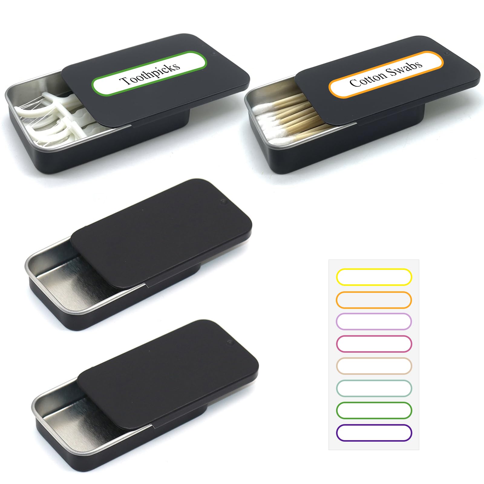 SwirlColor Cotton Swab Holder for Travel, 4 Pcs Portable Small Cotton Bud Holder Empty Metal Box Containers with Slide Top for Cotton Ball Toothpicks Hair Ties -Black