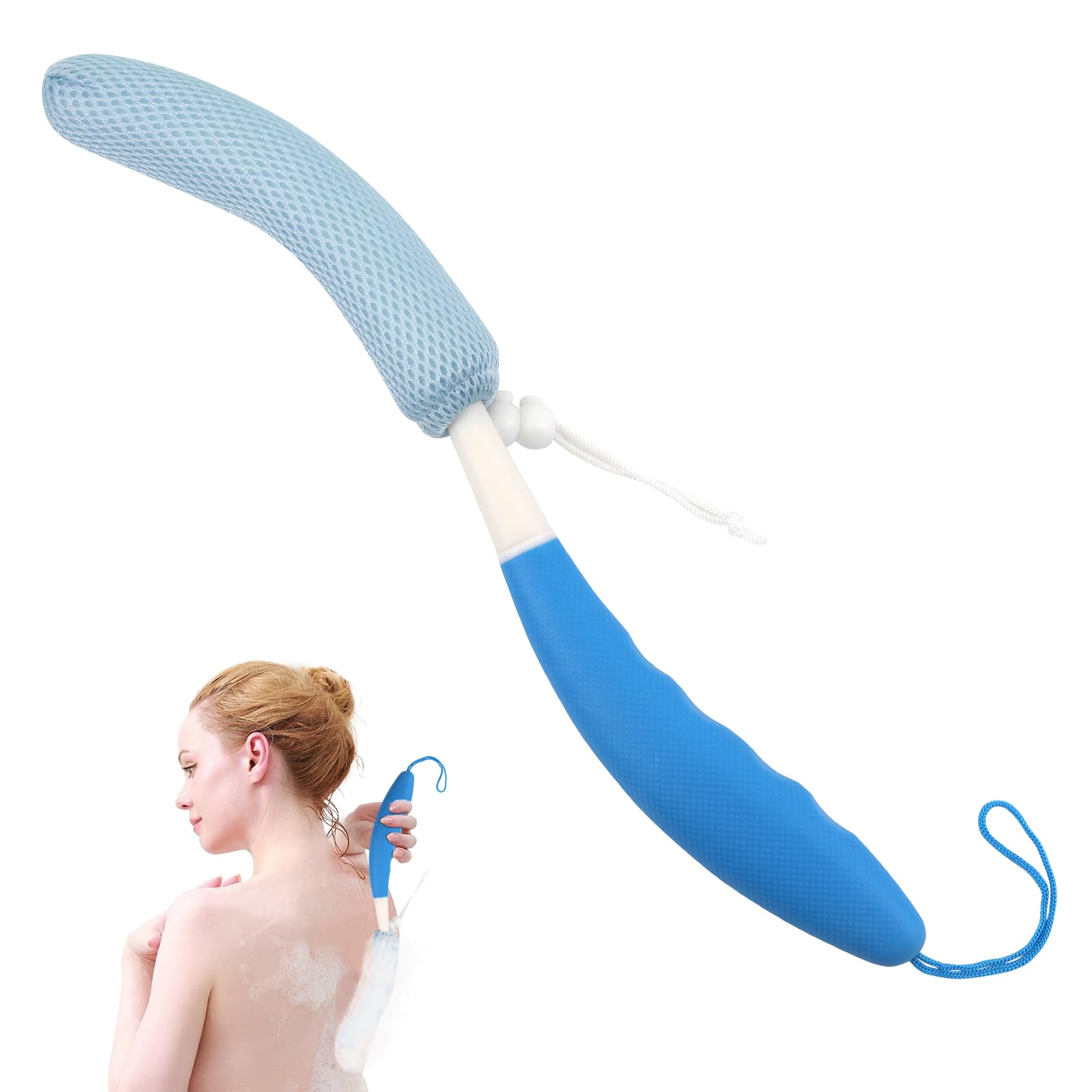KkaFFe Shower Body Brush Skin Exfoliating Curved Back Scrub Massage Bath Extra Large Handle European and American Hand-Shaped Removable Bold Long Washer (Blue-Blue), 43cm, 1.0 count