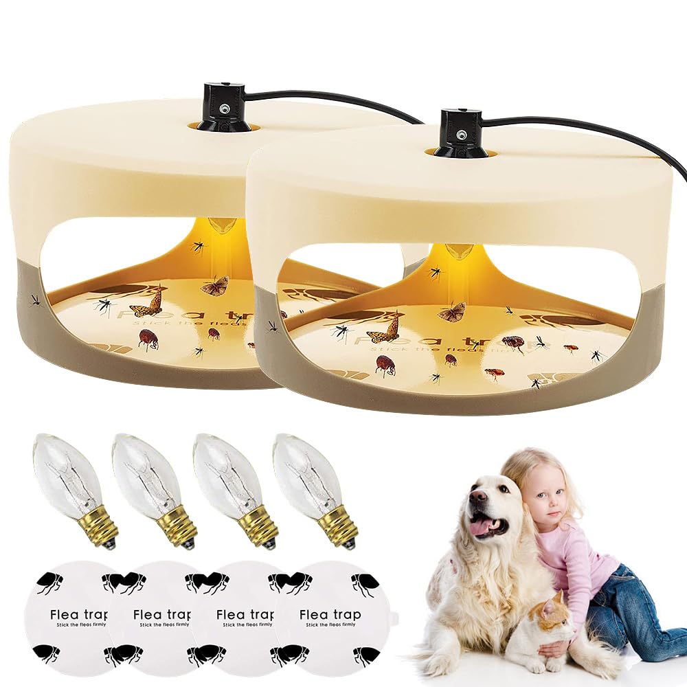 XEERUN 2 Pack Flea Traps for Home,Flea Light Trap with 4 Stickers,4 Bulbs,Fleas Trap Lamp,for Fleas,Mites,Bed Bugs,Moths and Other Insects Trap