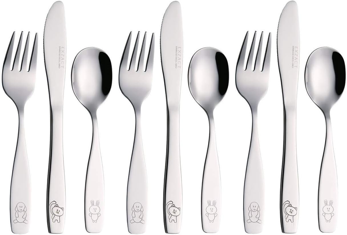 Exzact Childrens Cutlery 9pcs Set Stainless Steel Kid Cutlery/Todler Silverware 3 x Forks, 3 x Safe Dinnerknives