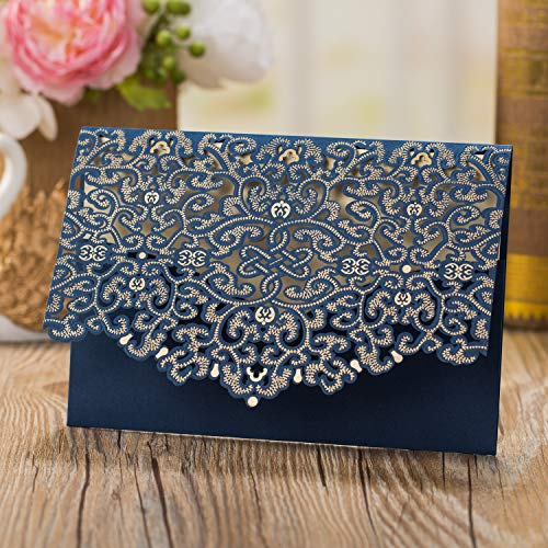 Gold Fortune 50 Packs Laser Cut Wedding Invitations with Cards Kit and Envelopes for Party Favors (YC067 Blue)