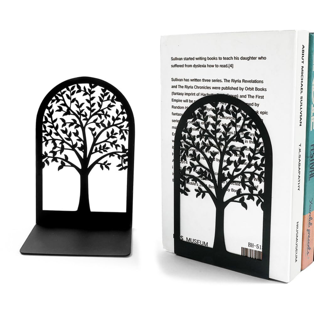 LdawyDE Book Ends for Shelves, 2 Heavy Duty Metal Bookends Desktop Decorative Tree Book Stopper Anti Scratch & Non-Skid Bookends Binder Dividers Unique Practical Gift