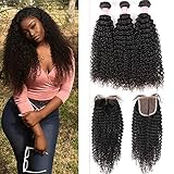 Virgin Curly Hair Bundles with Closure 8A Unprocessed Virgin Brazilian Human Hair Weave 3 Bundles Kinkys Curly Hair Bundles with Closure(20 22 24+18)