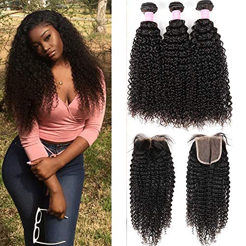 Virgin Curly Hair Bundles with Closure 8A Unprocessed Virgin Brazilian Human Hair Weave 3 Bundles Kinkys Curly Hair Bundles with Closure(20 22 24+18)