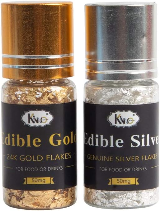 YongBo 24K Gold and Sliver Leaf Thin Flakes for Skin Care, 50 mg Pure Gold and Pure Silver Flakers for Food Decoration, Coffee, Cake Baking, Drinking