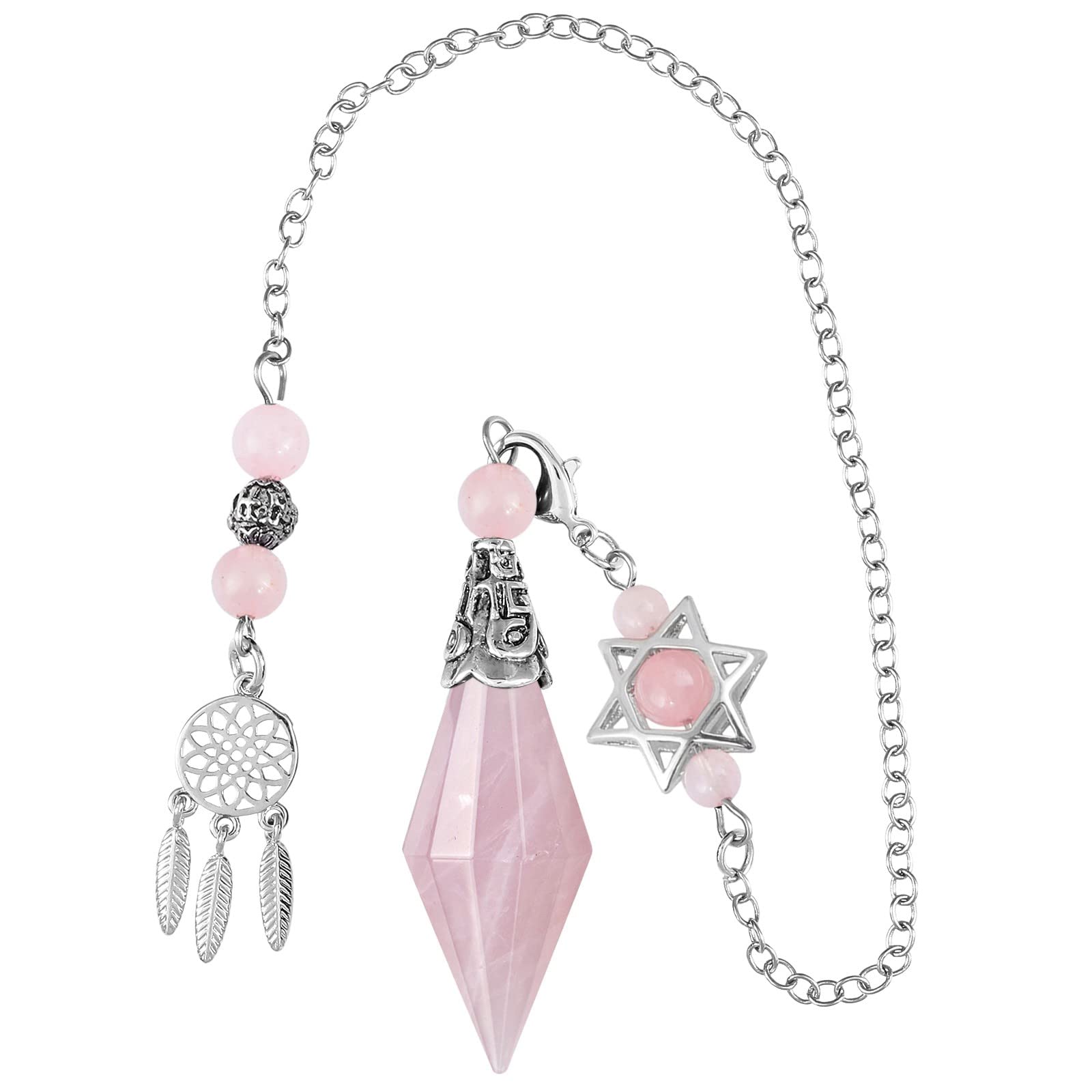 KYEYGWO Rose Quartz Cone Stone Pendulums, Double Crystal Point Pendulum Crystal Stone Cut Pendant Necklace for Dowsing Scrying Divination Meditation Reiki Healing