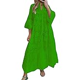 DMOYALA Women Eyelet Dress Boho Maxi Dress Elegant Lace Hollow Dress Summer V Neck Bell Sleeve Ruffle Casual Flowy Long Dress