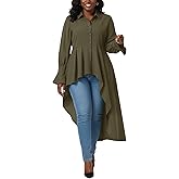 Umenlele Women’s Button Down Long Sleeve Asymmetric Ruffle High Low Hem Blouse Shirt Top