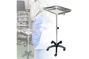 Mayo Instrument Stand - Mobile Service Cart & Table Station for Dental Pet Clinic Supplies, with Lift Out Work Tray Adjustabl
