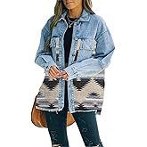 Haellun Women's Aztec Shacket Distressed Lapel Long Sleeve Button Down Jean Denim Jacket Coat