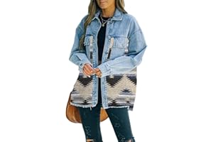 Haellun Women's Aztec Shacket Distressed Lapel Long Sleeve Button Down Jean Denim Jacket Coat