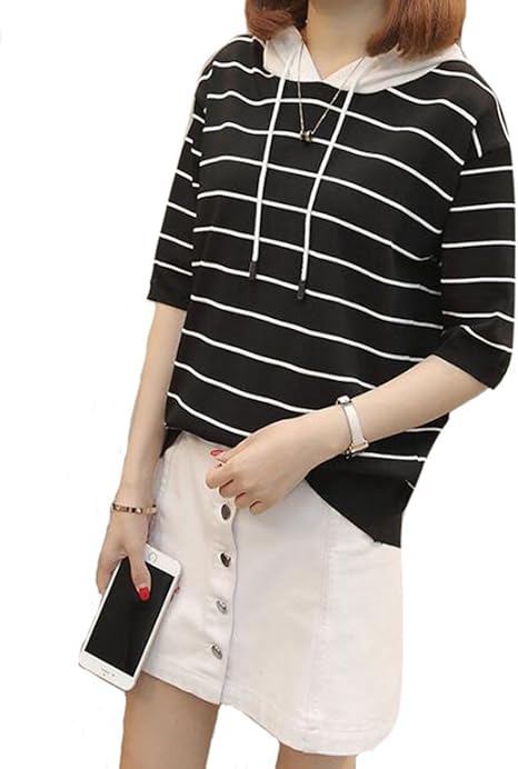 Amazon Piite トップス パーカー シャツ レディース ｔシャツ ブラウス カジュアル 五分袖 ストライプ カットソー 薄手 ゆったり シンプル 無地 おしゃれ 通気 学生 通勤通学 Tシャツ カットソー 通販