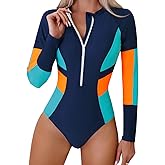 ABAFIP Women's Long Sleeve Rash Guard Bathing Suit Zip up One Piece Swimsuits Modest Surfing Swimwear
