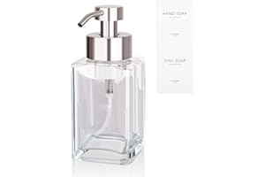 UUJOLY Foaming Soap Dispenser with Stainless Steel Pump, 12oz Refillable Glass Liquid Dish Soap Bottles for Bathroom, Kitchen Sink, Home Decor