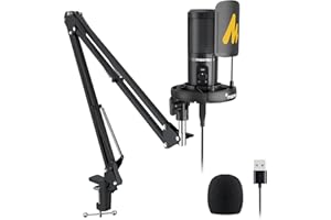 USB Podcast Microphone, All in one Kit with Gain Knob Pop Filter Arm Stand, MAONO Professional Condenser Computer Mic for Gam