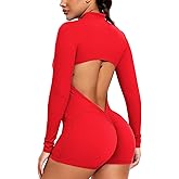 Women Long Sleeve Jumpsuit Zip Up Bodysuits Yoga Workout Unitards Bodycon One Piece Open Back Romper