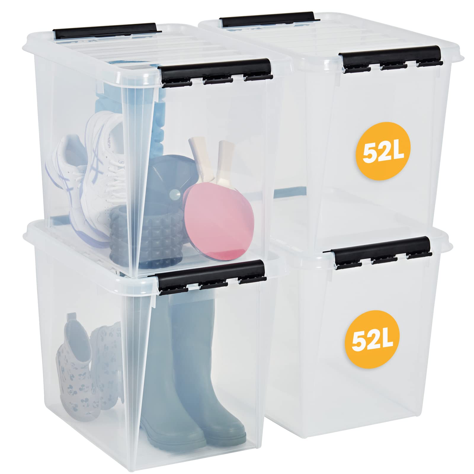 SmartStore 52L Large Plastic Storage Boxes with Lid, 4 Pack, Reinforced, Clear, 10 Year Guarantee, Food Safe, Clip Locked, Stackable and Nestable, BPA Free, L50 x W39 x H41 cm