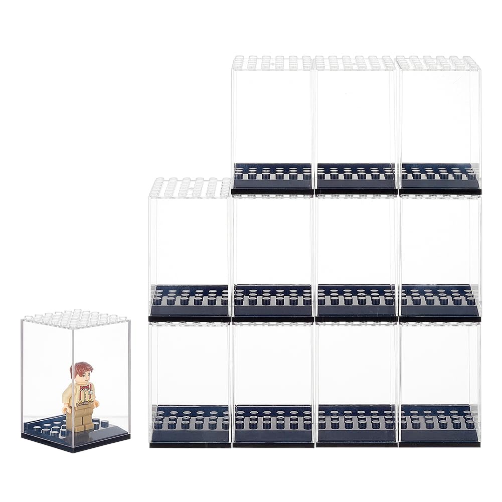 FINGERINSPIRE 12PCS Minifigures Display Case 4.7x4.7x7.6cm Stackable Model Display Case Acrylic Display Case with Base Black Building Blocks for Minifigures Building Blocks Storage Gift