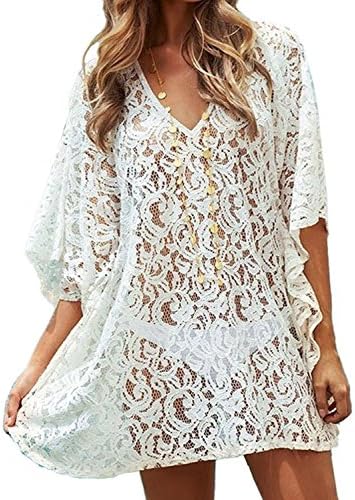 Leymor Women's Crochet Lace V Neck Bat Sleeve Beach Dress Cover up