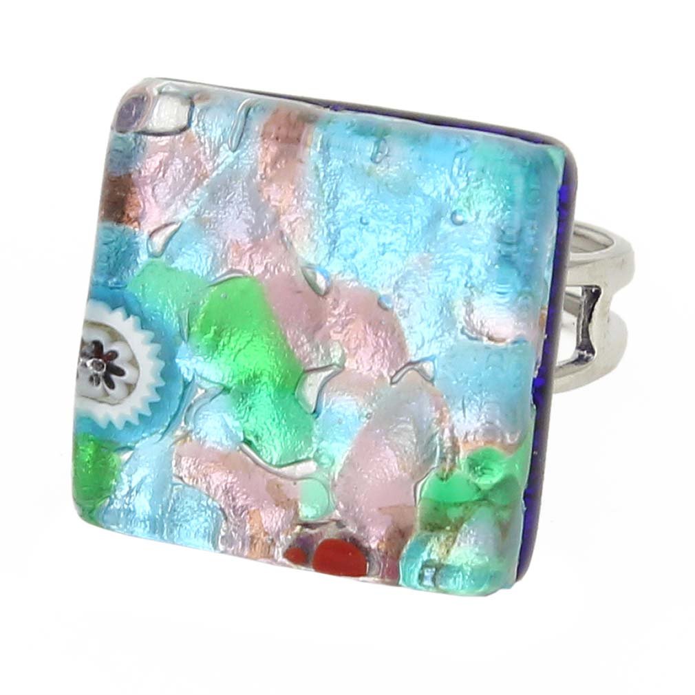 Glass Of Venice Murano Glass Venetian Reflections Square Adjustable Ring - Silver Meadow