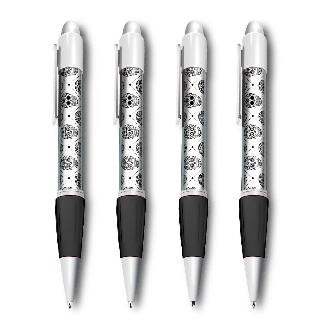 Set of 4 White Ballpoint Pens (Photo Insert) - Sugar Skull Pattern Day of the Dead - Soft Feel Finger Grip #170882