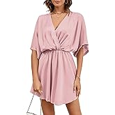 LYANER Women's Satin V Neck Twist Ruffle Flowy Swing Short Sleeve Elegant Mini Dress