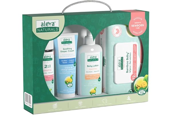 Aleva Naturals Newborn Baby Care Kit includes: Bamboo Baby Wipes, Daily Soothing Moisturizer and Diaper Cream, 2 in 1 Hair &