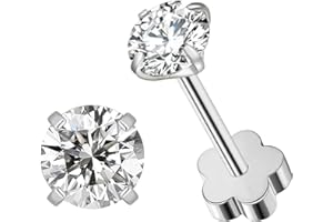 VDKIDKT Silver Flower Screw Back Birthstone Stud Earrings for Women Girls, 3mm G23 Tiny CZ Flat Back Stud Earrings, Screw Bac