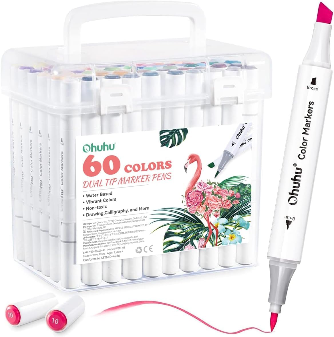 Ohuhu Water-Based Markers 60 Colours, Dual Tip Colouring Pens for Anime and Manga, Sketching, Drawing, Art Markers Set with 1 Colourless Blender and Storage Base, Odourless & Non Toxic