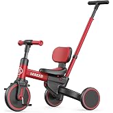 SEREED 5-in-1 Push Tricycle for Toddlers 1-4, Toddler Bike, Birthday Gift | Easy Assembly, Parent Agile Steering Push Handle, Adjustable Seat&amp;Handlebar, Birthday Gift Toy for Boy Girl Ages 1+, Red