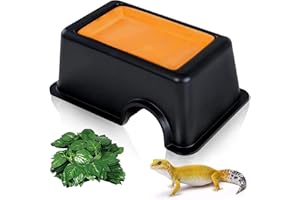 Hamiledyi Reptile Hide Box Gecko Hideout Cave with Sink Humidifier Lizards Hideaway Hut Flexible Leaves Pet Habitat Decor for Snakes Leopard Spiders Turtles Amphibians