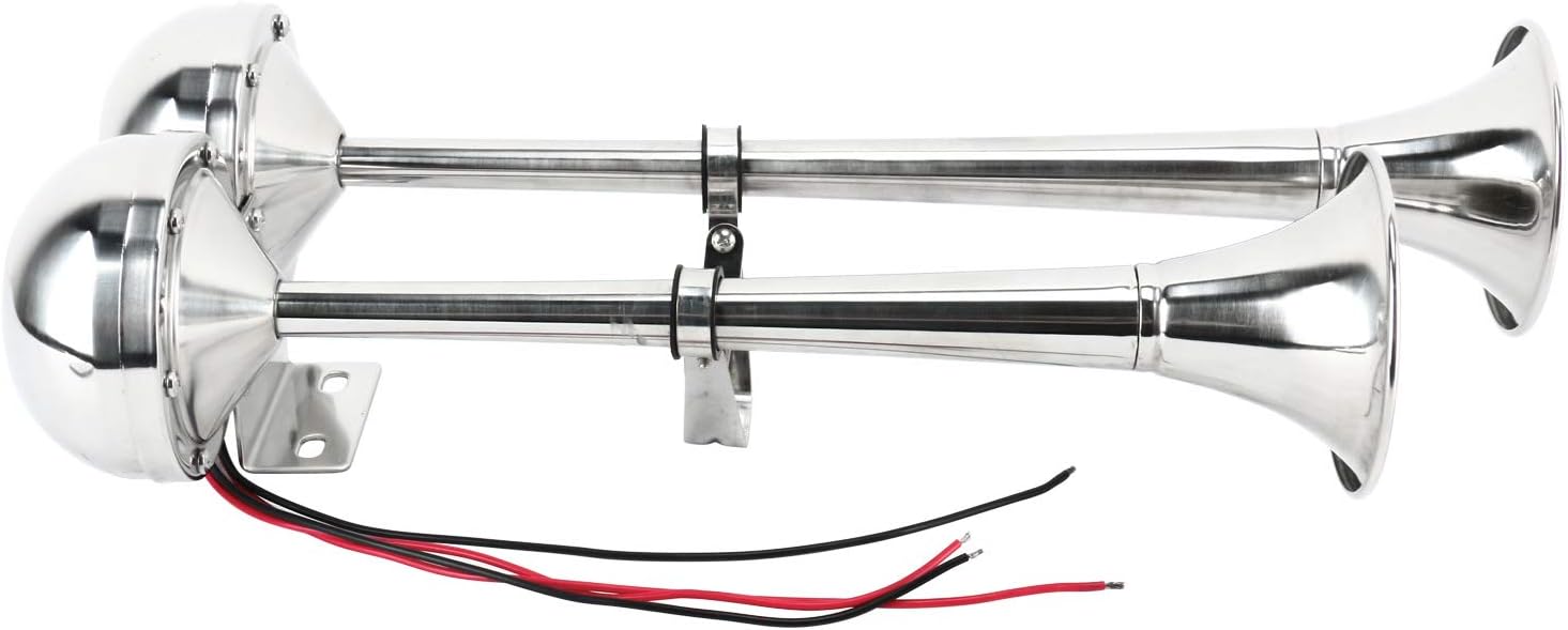Amarine Made 12v Marine Boat Stainless Steel Dual Trumpet Horn, Low and High Tone, 18-1/2" : Sports & Outdoors