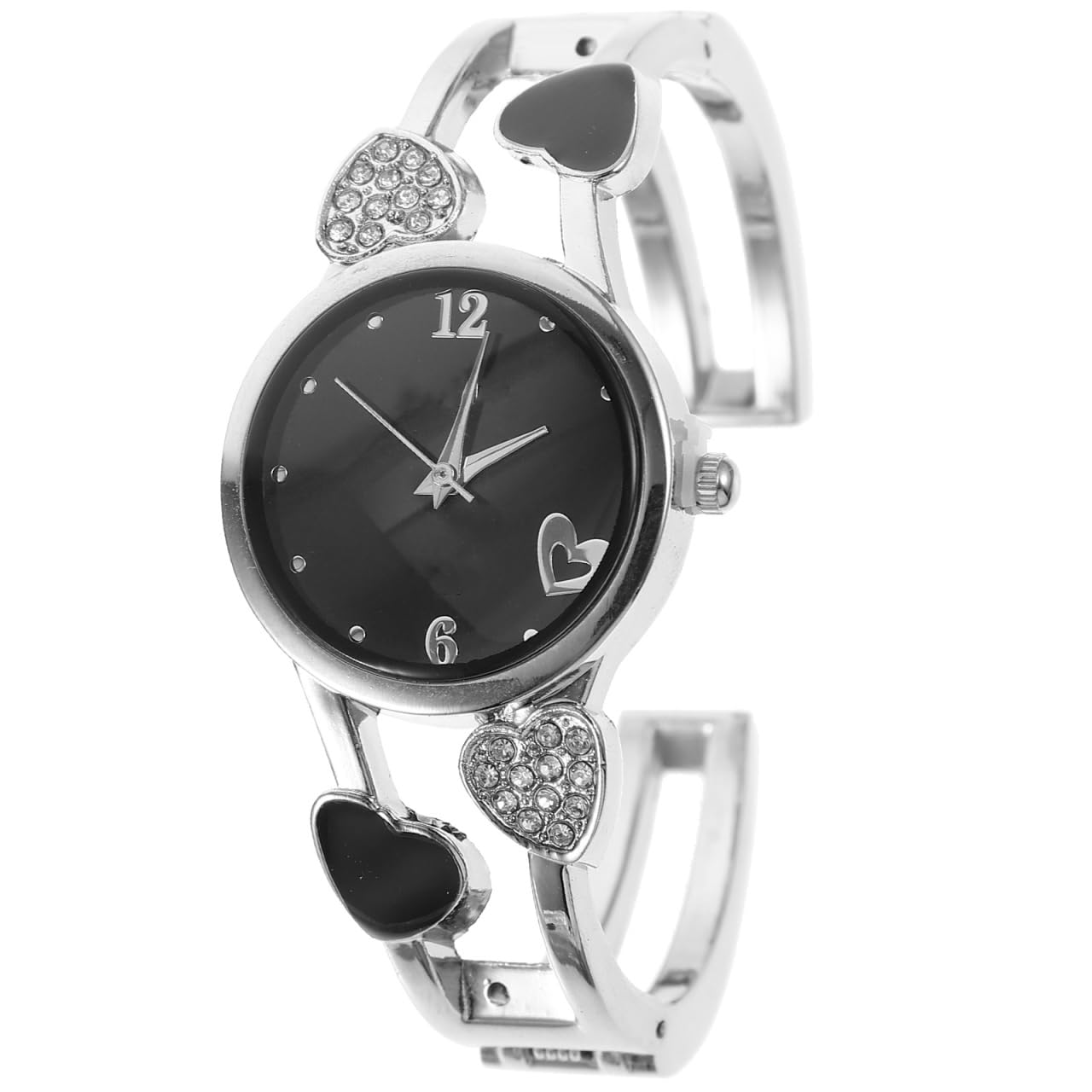 Hemobllo Ladies Silver Bangle Watch-Rhinestone Heart-Shaped Bracelet Watches for Women, Fashionable Silver Cuff Quartz Wrist Watches, Elegant Ladies Bracelet Watch for Women & Girls