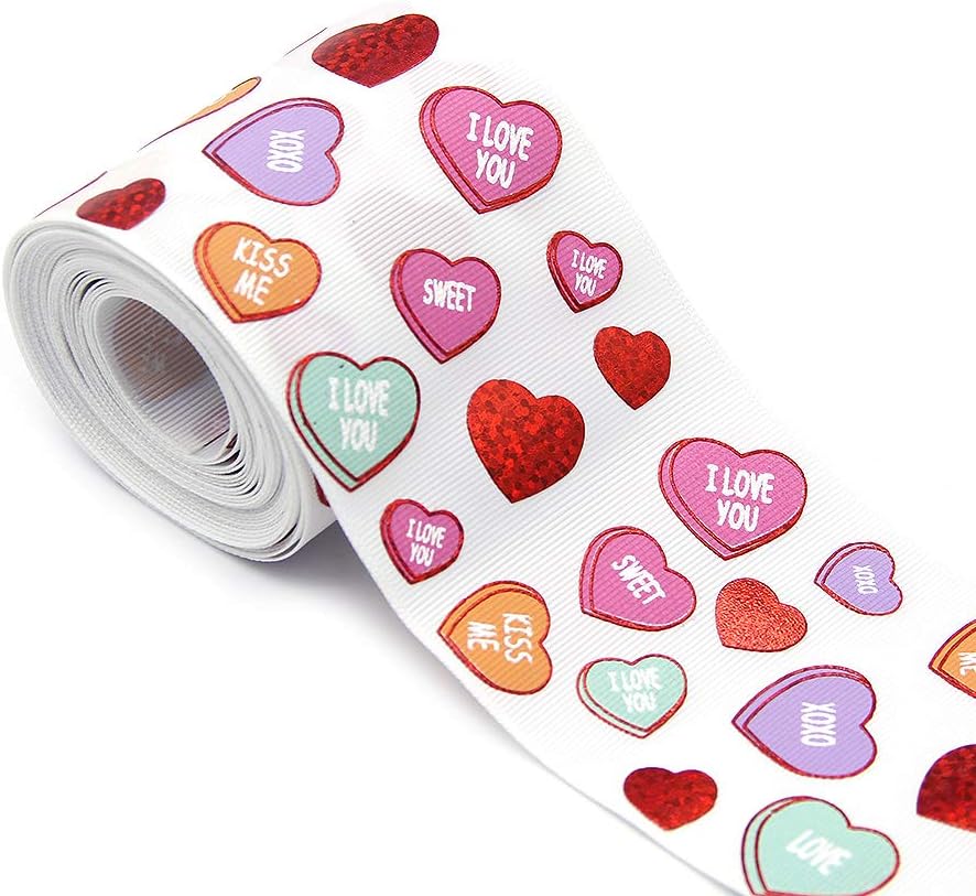 David accessories Laser Holographic Grosgrain Ribbon Heart Love Printed 3" Wide 5 Yards DIY Hair Bow Valentine's Day Wedding Party Birthday Bridal Decoration (Heart)