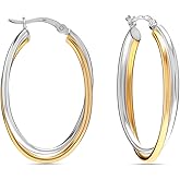 LeCalla 925 Sterling Silver Chunky Hoop Earrings | 14K Two-Tone Three-Tone Hoop Earrings | Intertwining Oval Shape Polished Twisted Hoop Earrings for Women