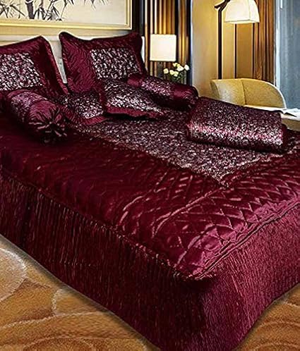 ooltah chashma Gold Printed Satin Double Bedsheet with 2 Pillow covers, Filled Cushions, Bolsters and 1 AC comforter (Maroon) Set of 8