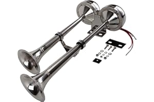 AOLIHAN 12V Marine Boat horn Waterproof Stainless Steel Dual Trumpet Horn for Boats Ship Sailboat Yacht Off-Road Vehicle Truck SUV RV Vans Touring Car (silver two tone)