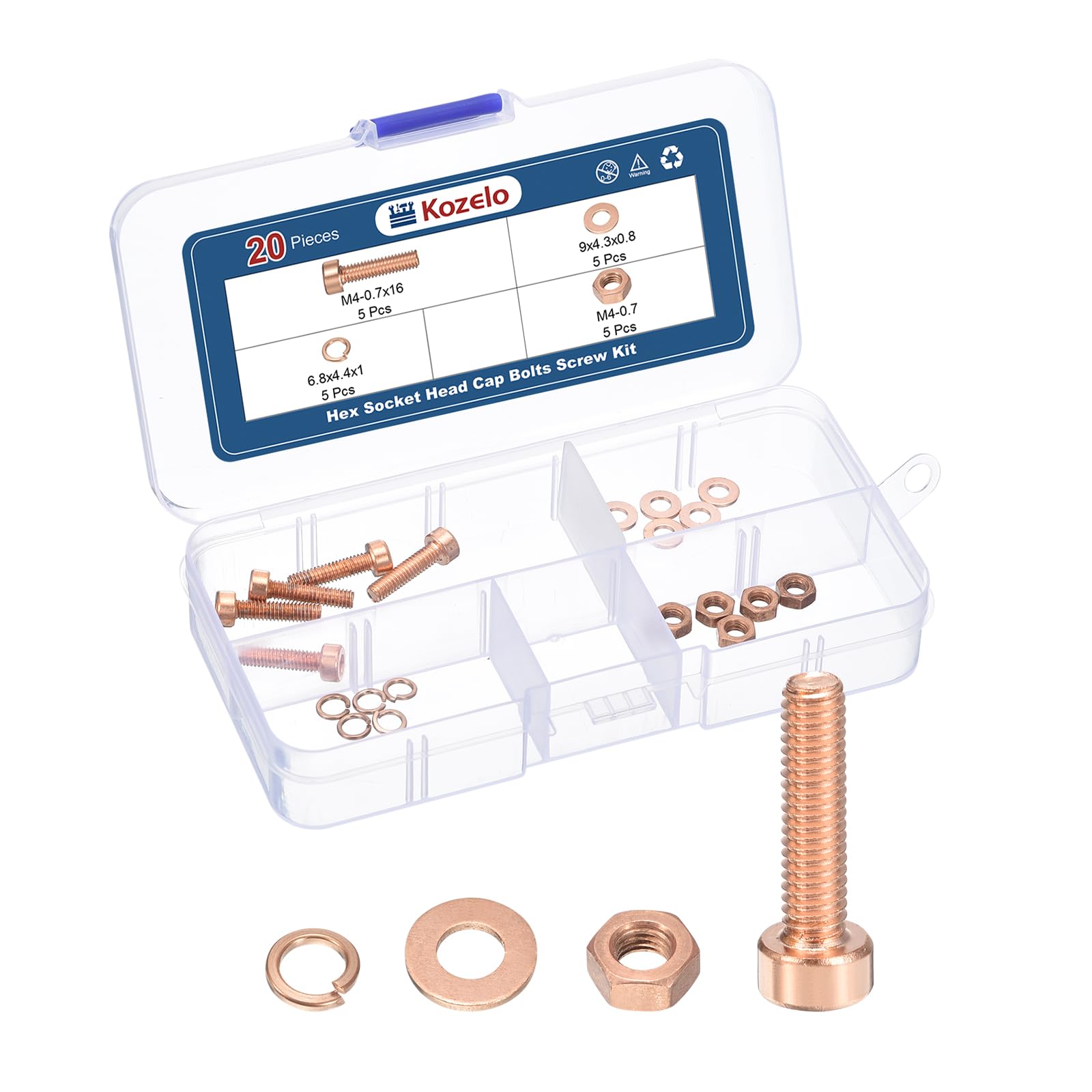 Kozelo 20pcs M4 Socket Head Cap Screws Bolts Nuts Assortment Kit - [M4-0.7x16mm] Red Copper Fully Threaded Hex Screw for 3D Printer Use
