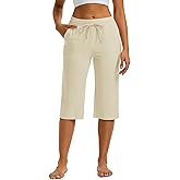MAGCOMSEN Women's Cotton Capri Pants with 5 Pockets Yoga Wide Leg Capris Loose Casual Lounge Workout Capri Sweatpants