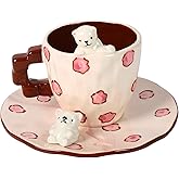 YGTUCE Cute Ceramic Coffee Mug, Handmade Polar Bear Tea Cups and Saucers for Women Tea Party, Latte Milk Cappuccino 8OZ (Pink Polka Dots)