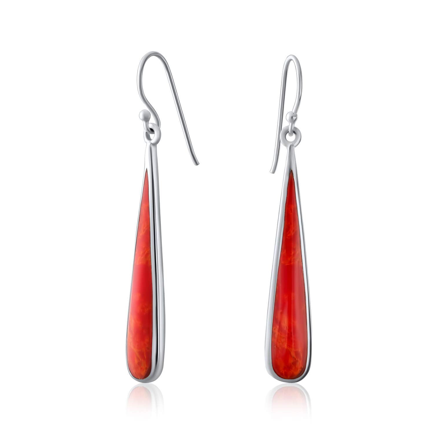 Simplistic Boho Orange Red Coral Flat Teardrop Shaped Dangle Earrings For Women Teen .925 Sterling Silver Fish Hook Wire Threader