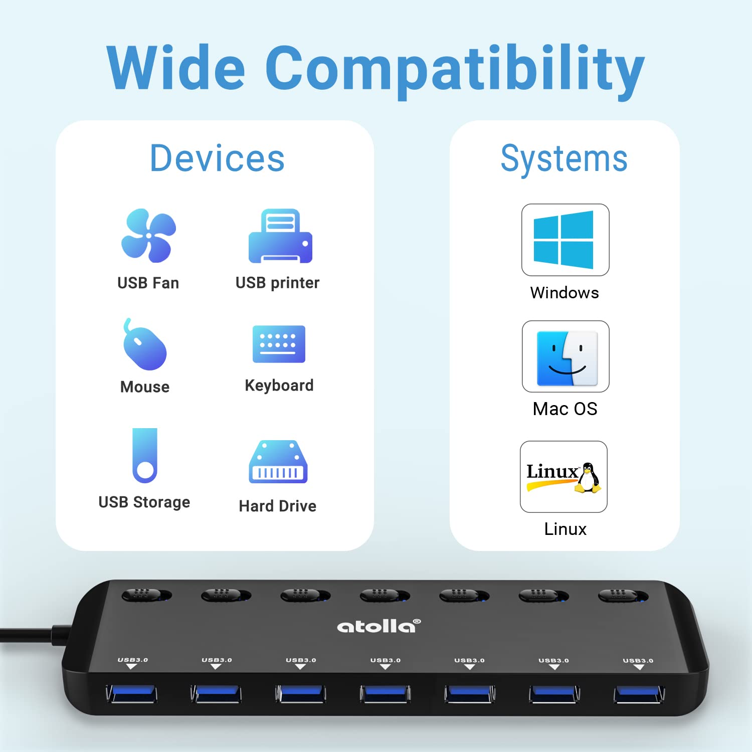 USB HUB, atolla USB Verteiler mit 7 USB3.0 Ports, Mehrfach USB 3.0 Daten Hub mit 100cm Erweitert Kabel und Individuellen LED EIN/Aus-Tasten für Laptop PC 3