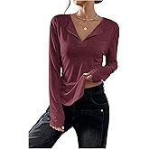 Verdusa Women's Button Front Long Sleeve T Shirts Drop Shoulder Curved Hem Tee Tops