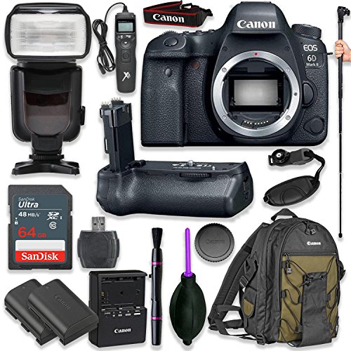 Canon-EOS-6D-Mark-II-Digital-SLR-Camera-Body-Wi-Fi-Enabled-with-Pro-Camera-Battery-Grip-Professional-TTL-Flash-Deluxe-Backpack-200EG-Universal-Timer-Remote-Control-Spare-LP-E6-Battery-16-items
