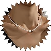 Allereyae Vintage Acrylic Heart Choker Necklace White Seed Bead Choker Necklace Heart Love Choker Necklace White Rice Bead Necklace Jewelry for Women