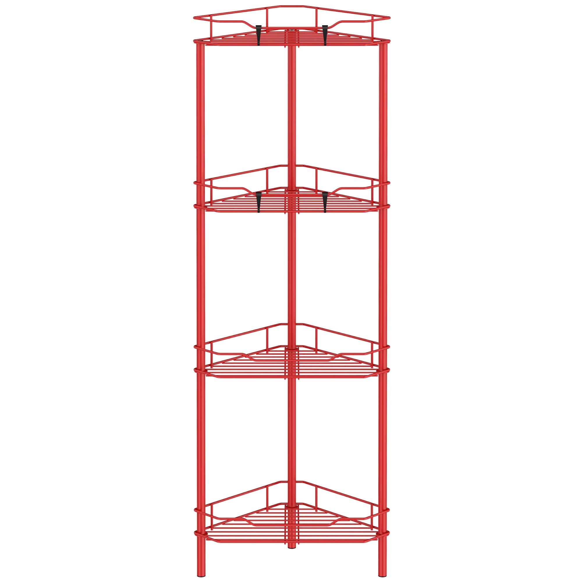 HuggieGems 4 Tier Floor Standing Corner Shower Caddy Organizer Shelf with Hooks, Bathroom Shelves Stand Rack, Red