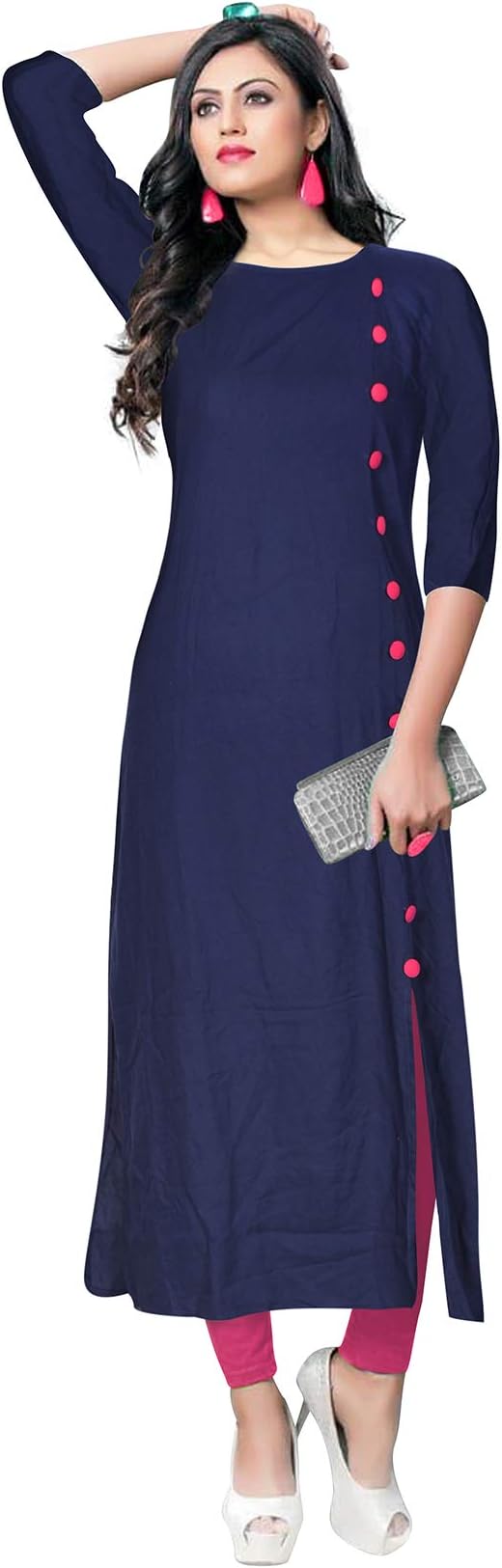 BELOMODA Multi Color Rayon Fabric 3/4 Sleeve Round Neck Solid Plain Kurti for Women