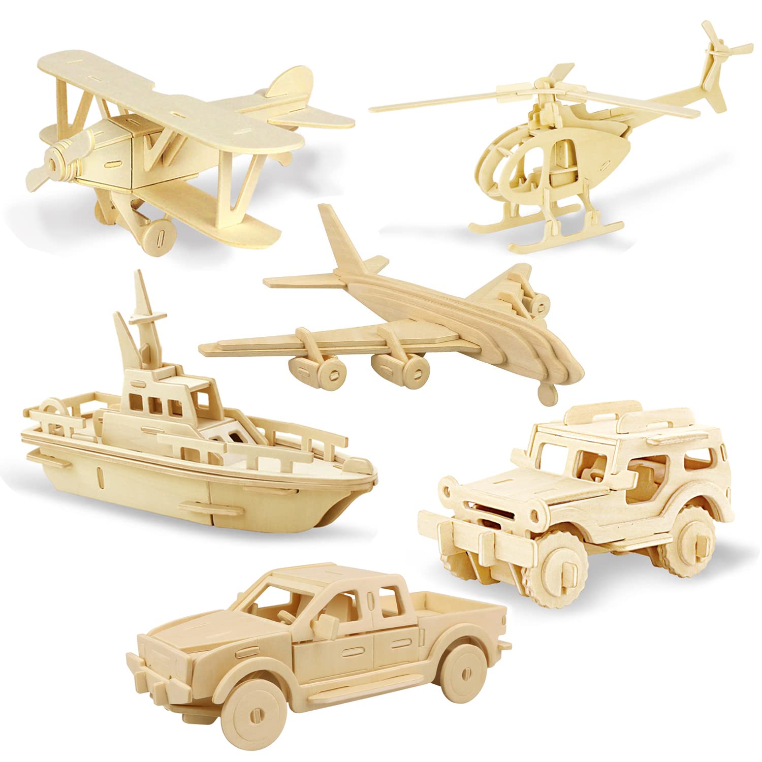 Georgie Porgy 3D Wooden Puzzles DIY Models Kits for Kids Dinosaur Airplane Woodcraft Construction Toy Pack of 6 (Airplanes Cars Yacht) — image 1