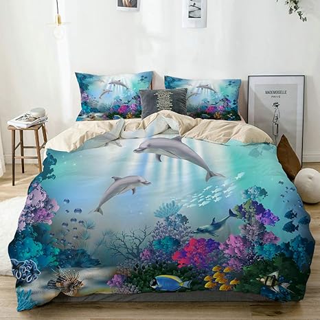 Amazon Nikivivi 布団カバー イルカと植物のデザインのある水中世界 寝具カバーセット て柔らかい 豊かな色彩 肌に優しい 北欧風 シングル3点セット 150x210cm 寝具カバーセット オンライン通販