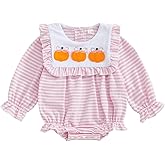 Motlapol Baby Girl Halloween Thanksgiving Outfit Pumpkin Embroidery Striped Ruffle Long Sleeve Bubble Romper Fall Clothes
